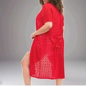 Torrid Duster Long Cardigan Plus 1X/2X Red Crochet Knit Waist Tie Short Sleeve